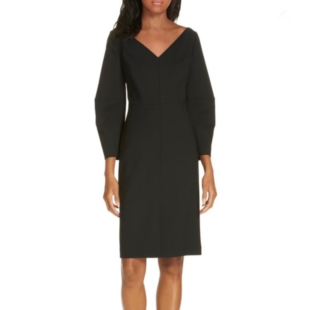 Lewit Black Wool V-Neck Lantern Sleeve Dress 16 NWT
